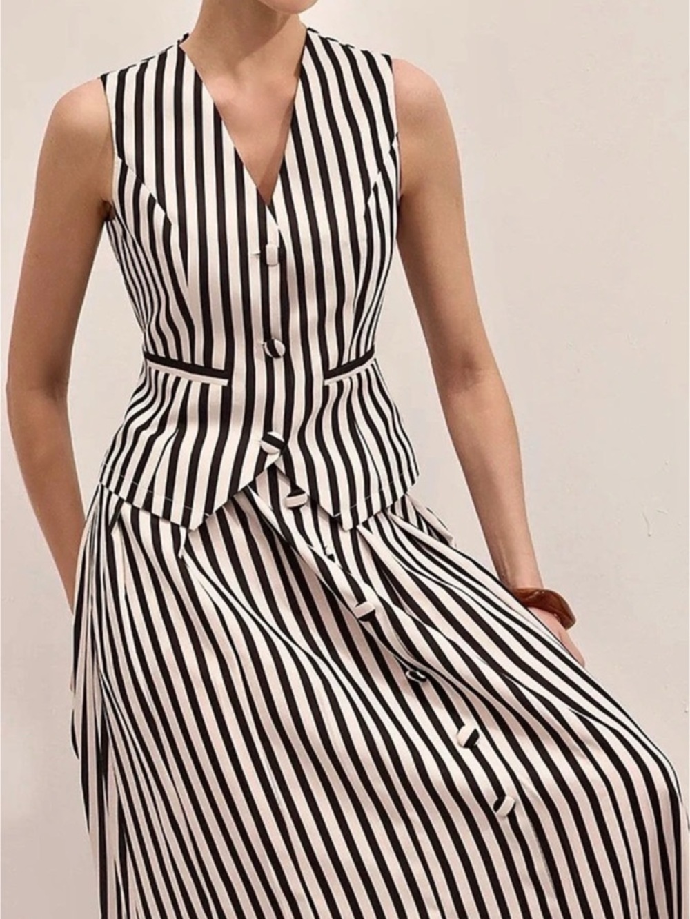 Commense Striped Sleeveless Vest & Maxi Skirt Set Black & White M - Picture 5 of 10